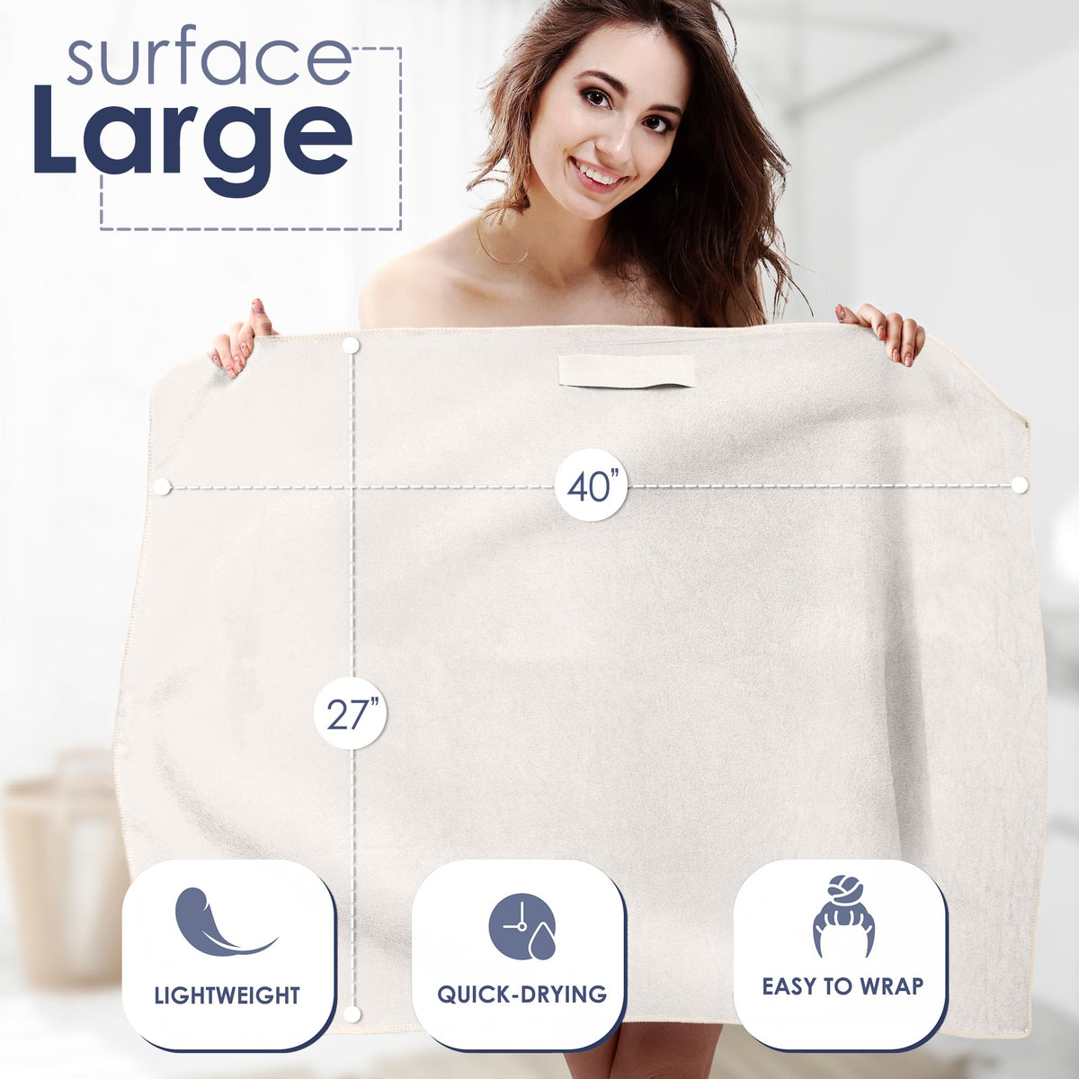 SimpleField towel with elastic loop securely holds around head during drying