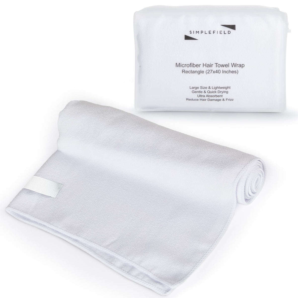 SimpleField microfiber hair towel wrap in bright white with full coverage for long hair, efficient drying.