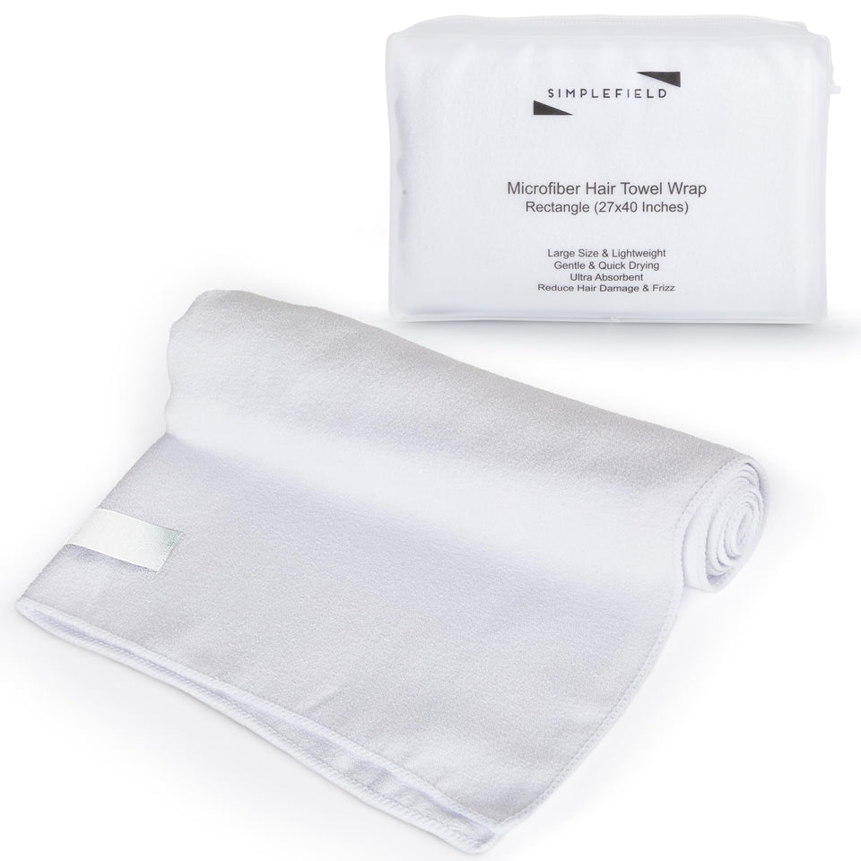 SimpleField microfiber hair towel wrap in bright white with full coverage for long hair, efficient drying.