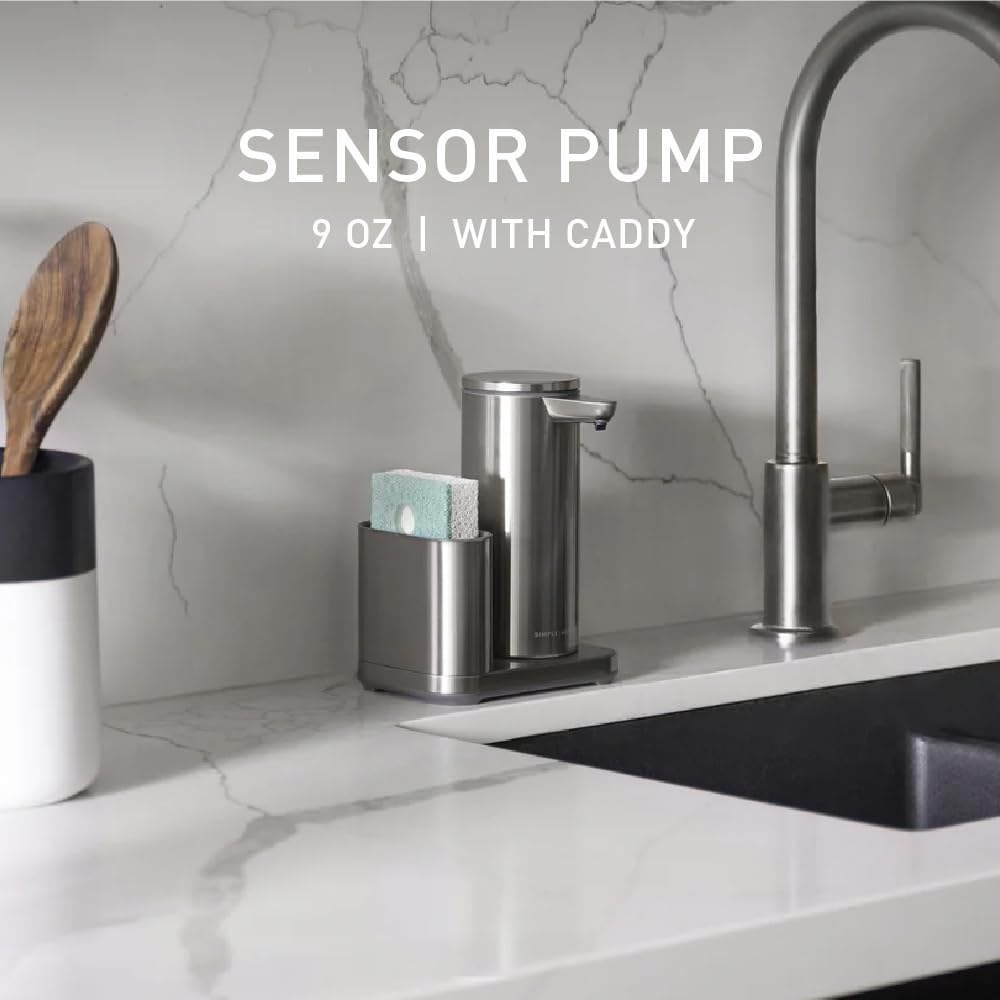 simplehuman caddy stores sponge beside the pump for a tidy sink