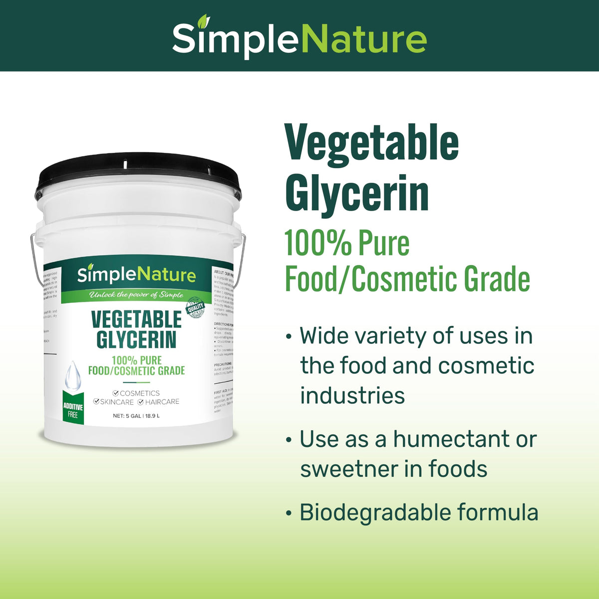 SimpleNature glycerin shows a clear, colorless liquid for cosmetics and formulas