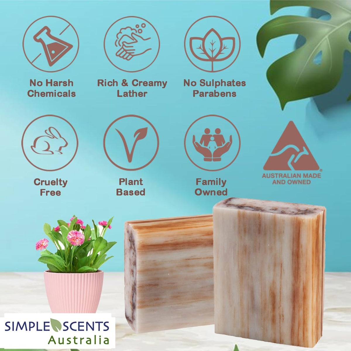 Simple Scents Australia patchouli soap bar closeup, creamy lather and rich fragrance.