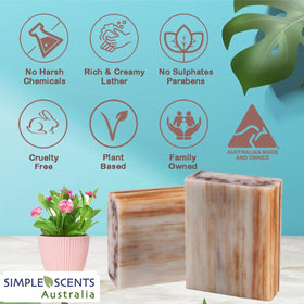 Simple Scents Australia patchouli soap bar closeup, creamy lather and rich fragrance.