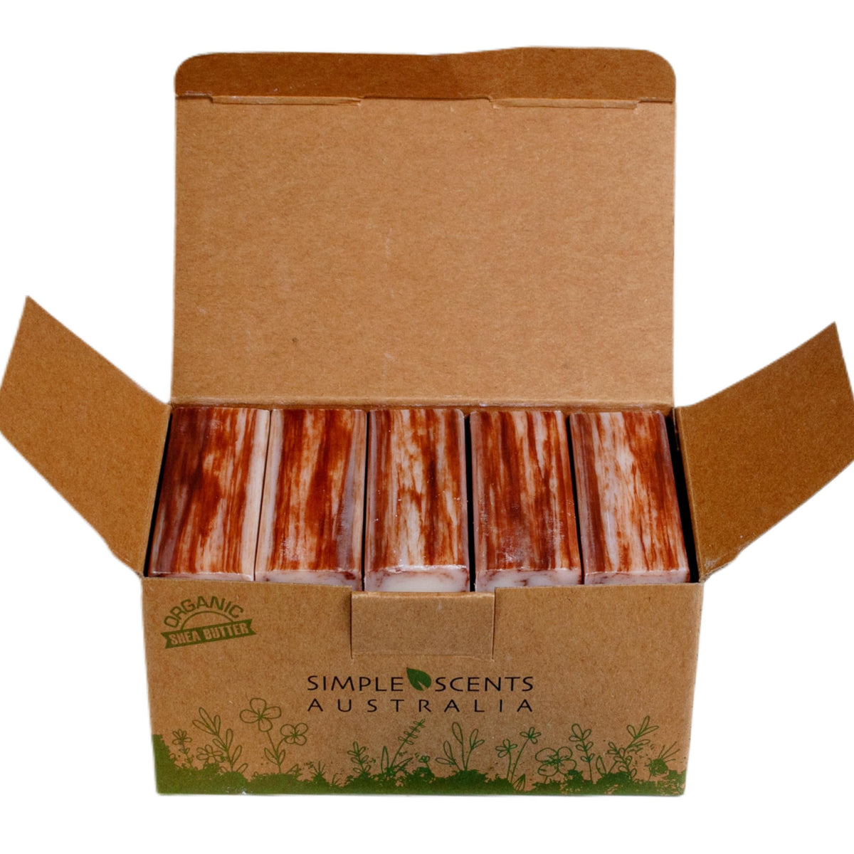 Simple Scents Australia patchouli soap bars pack side view, compact gift-ready packaging.