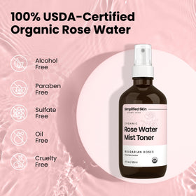 Simplified Skin rose water bottle in bathroom for daily refresh and balance