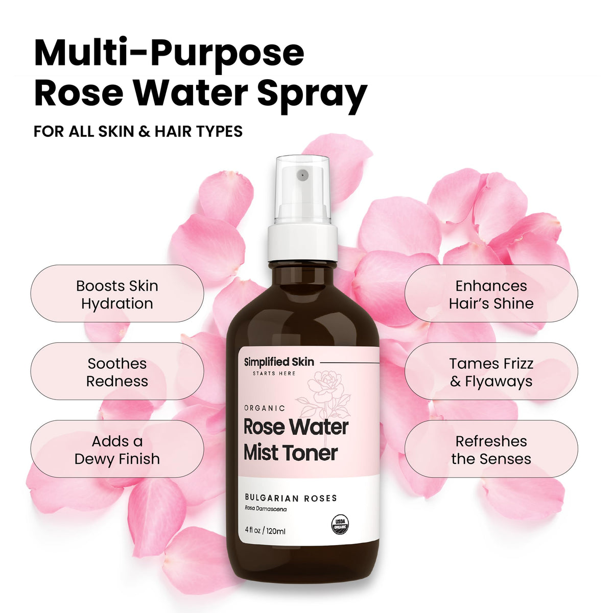 Simplified Skin Organic Rose Water label shows USDA certification.