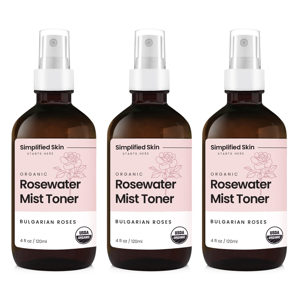 Simplified Skin Rose Water Spray bottle for refreshing skin and hair hydration.