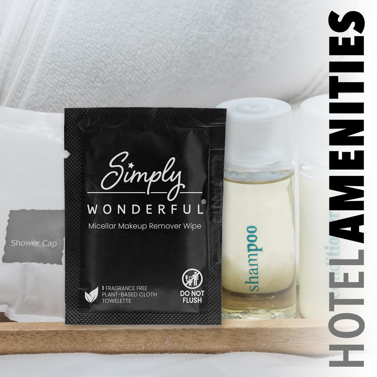 Simply Wonderful makeup wipes arranged for bulk case emphasize value and convenience