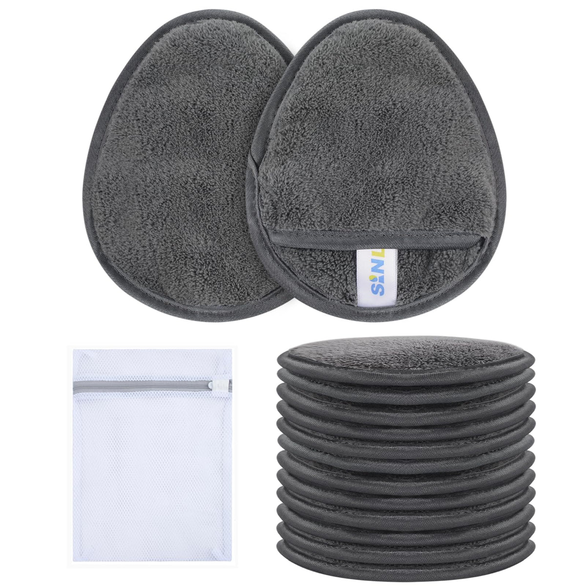 SINLAND reusable makeup remover pad close up on hand showing soft microfiber for gentle cleansing