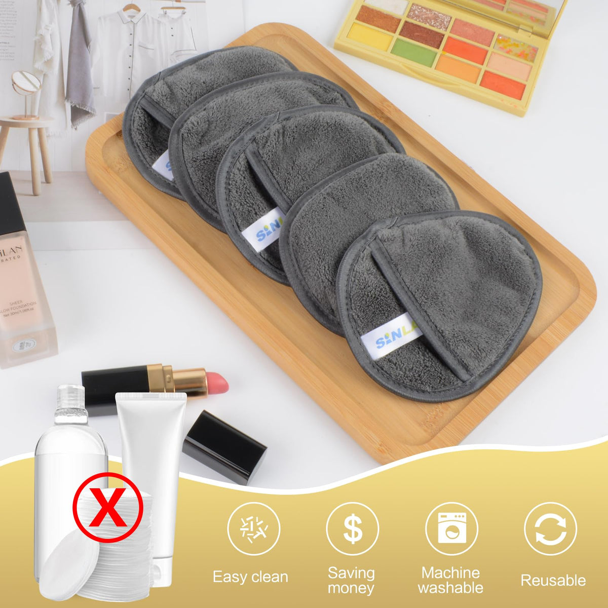SINLAND washable makeup remover pads arranged for easy home washing