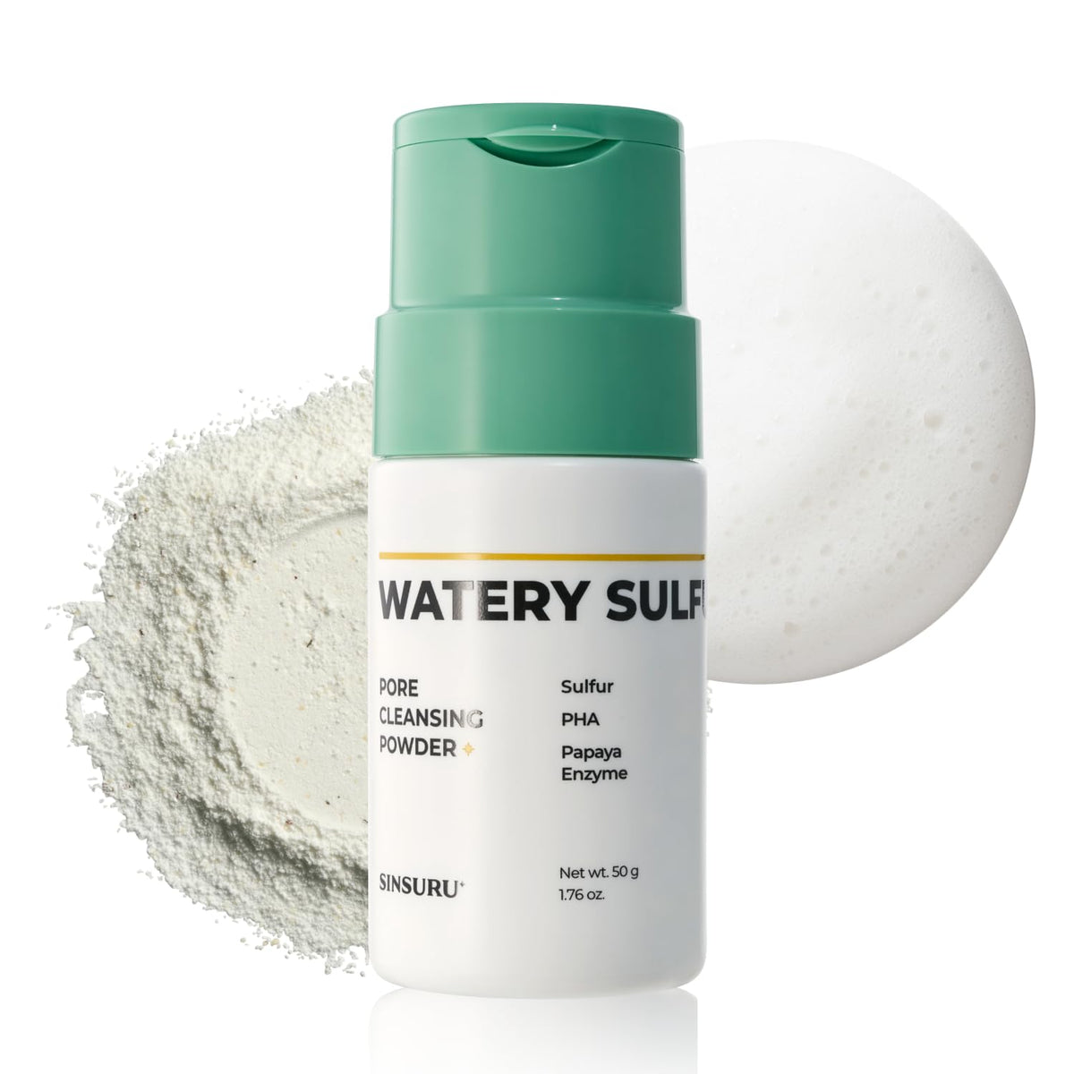 SINSURU Watery Sulfur Powder showing powder-to-foam action for gentle cleansing