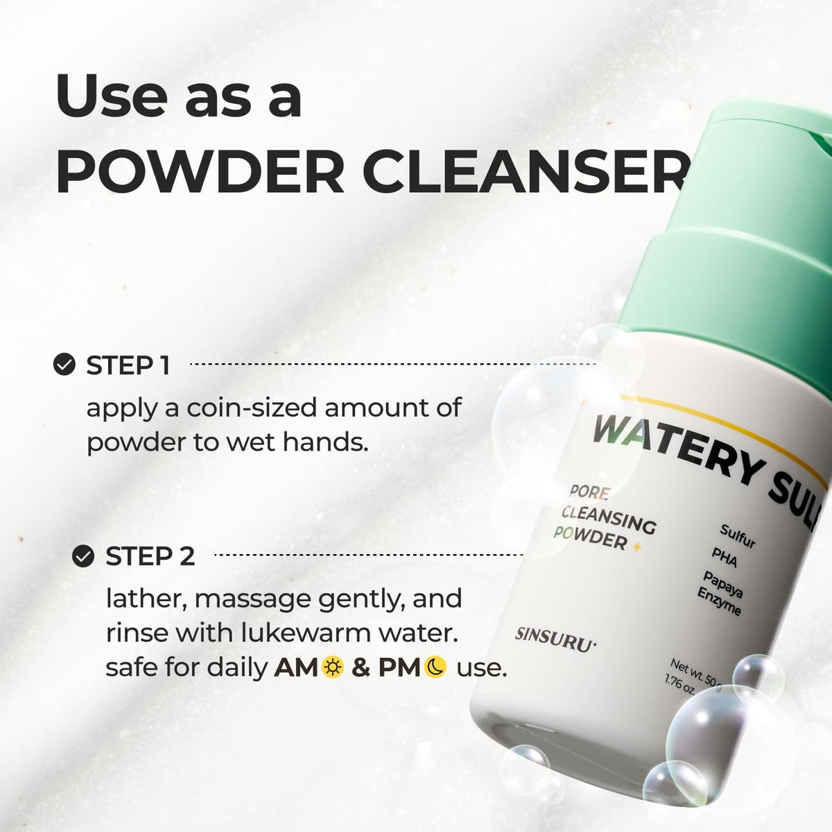 SINSURU Watery Sulfur Powder soft-foam cleansing experience
