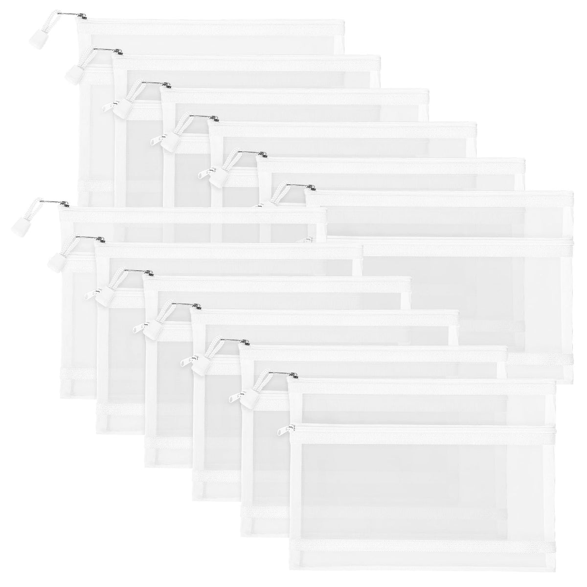 Sinzip 12-pcs zipper mesh pouches for organized cosmetics and small items.