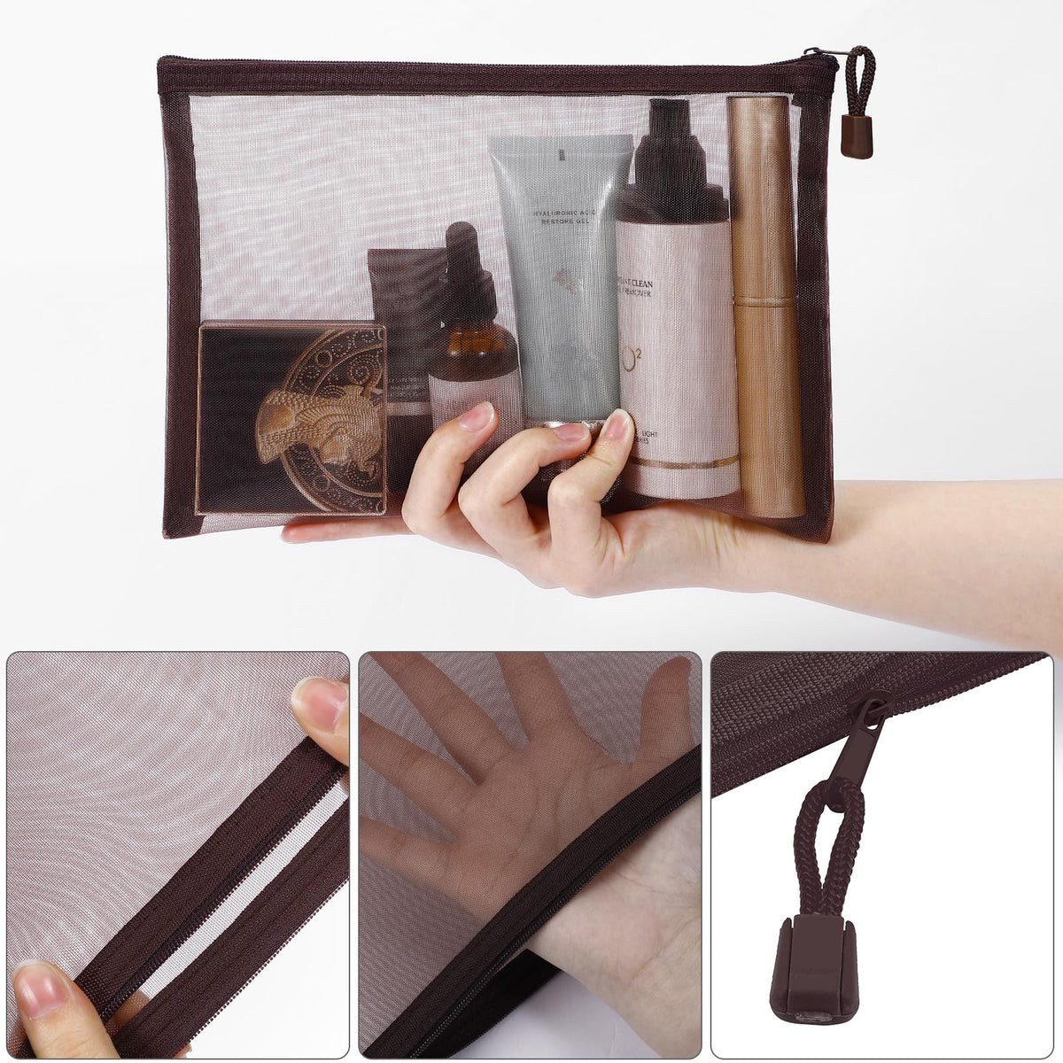 Sinzip mesh cosmetic bag with clear view for quick access.
