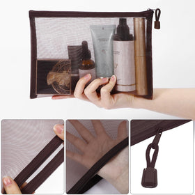 Sinzip mesh cosmetic bag with clear view for quick access.