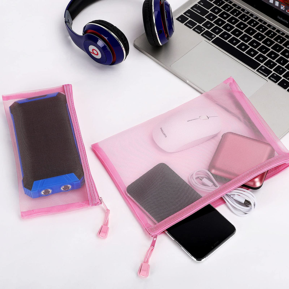 Sinzip mesh pouch used to organize office supplies and stationery.