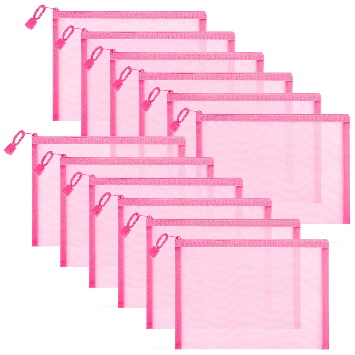 Sinzip pink mesh pouch open for easy access to cosmetics and small items.