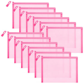 Sinzip pink mesh pouch open for easy access to cosmetics and small items.