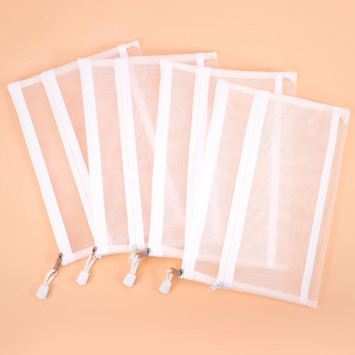 Two-layer Sinzip mesh cosmetic bag with clear panels for easy access.
