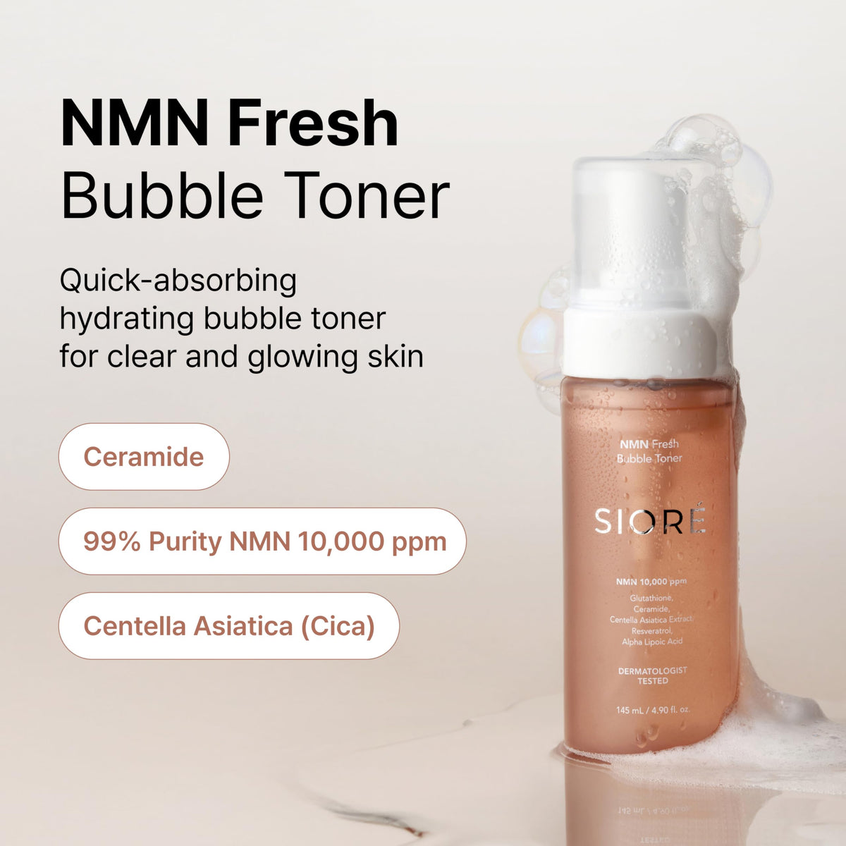 Applying SIORÉ NMN Fresh Bubble Toner to skin for a brighter look.