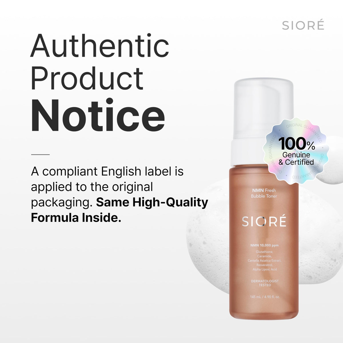 Close-up of SIORÉ NMN Fresh Bubble Toner foam for a refreshing texture.