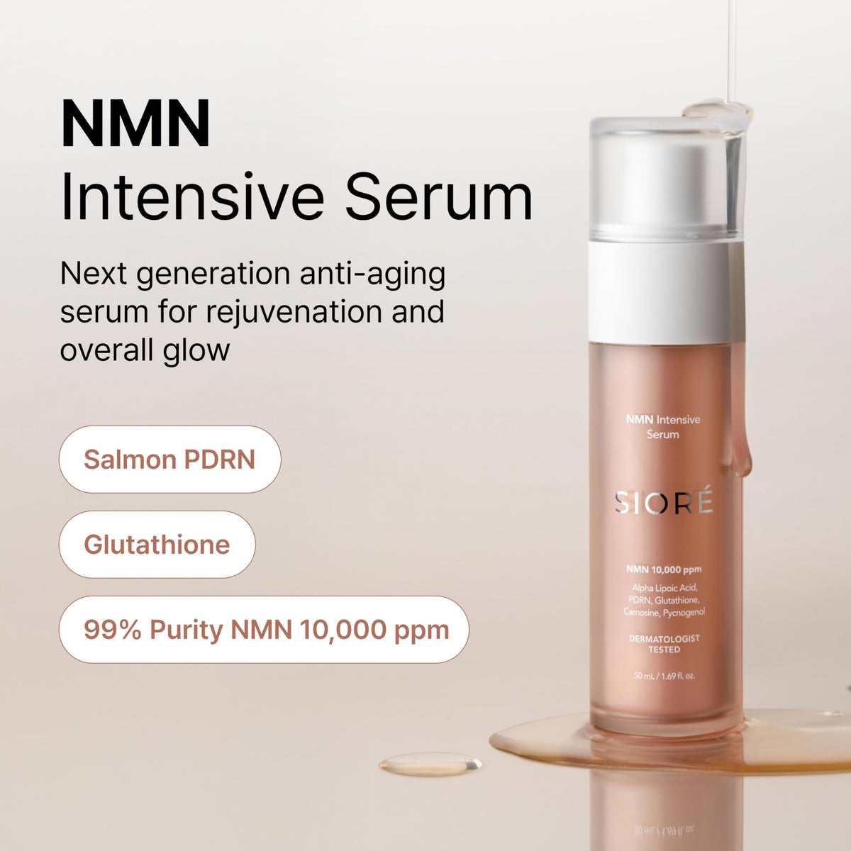SIORÉ NMN Intensive Serum texture swirl demonstrates lightweight, non-greasy feel