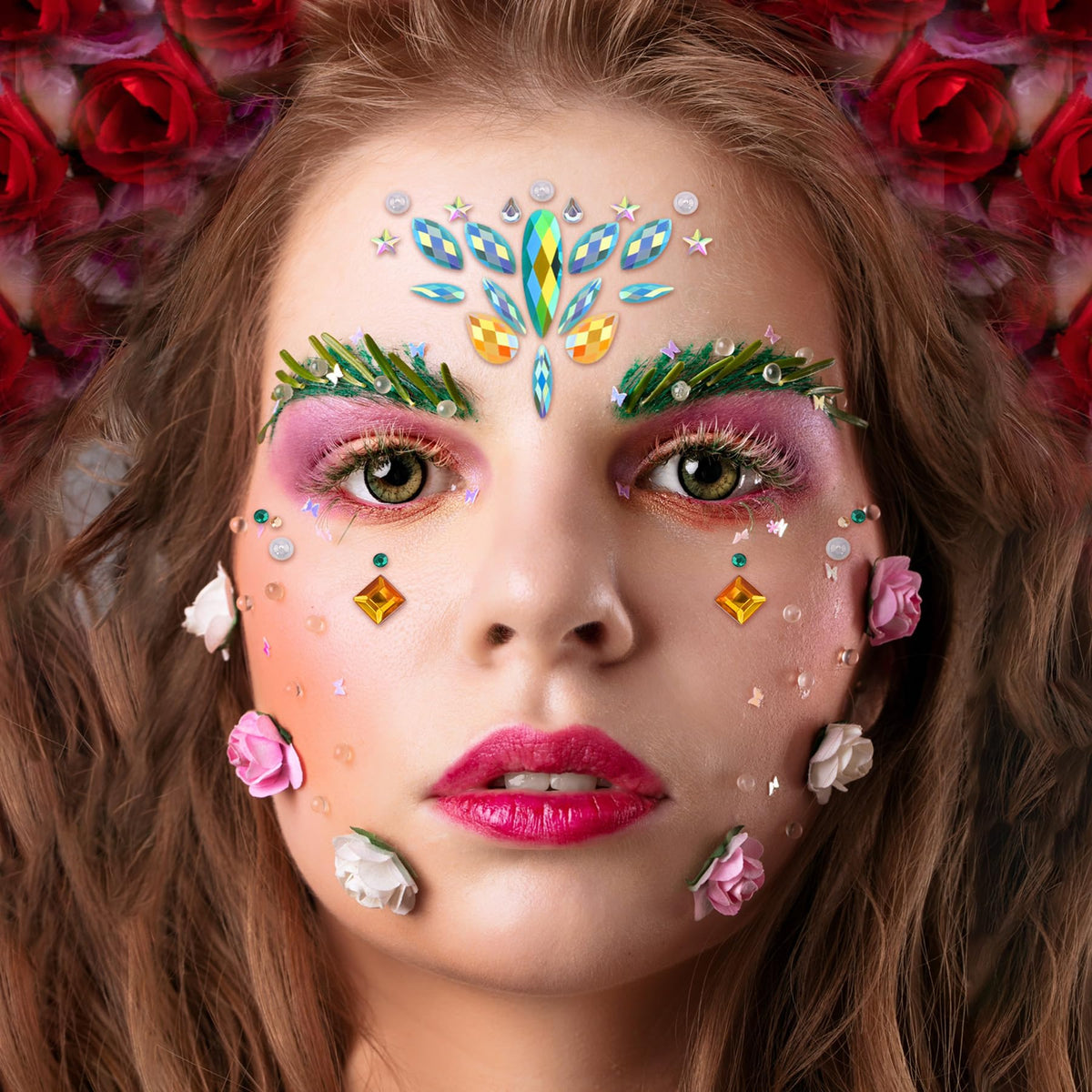 SIQUK jewels applied to the face for a bold glow