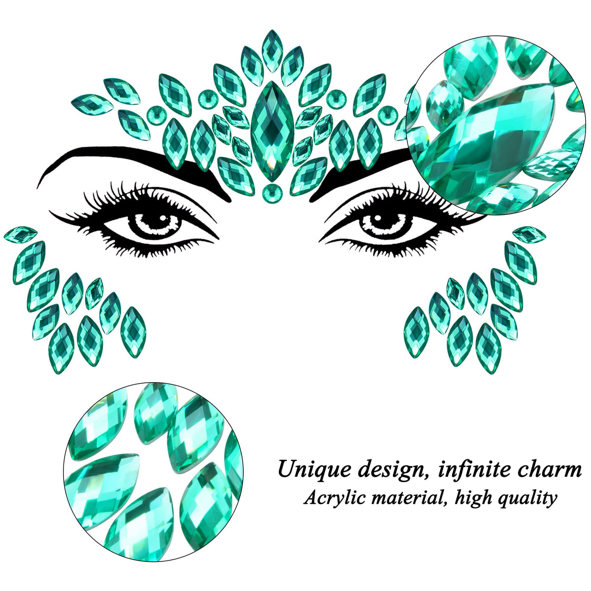 SIQUK mermaid face jewels deliver vibrant colors for rave looks and photos.