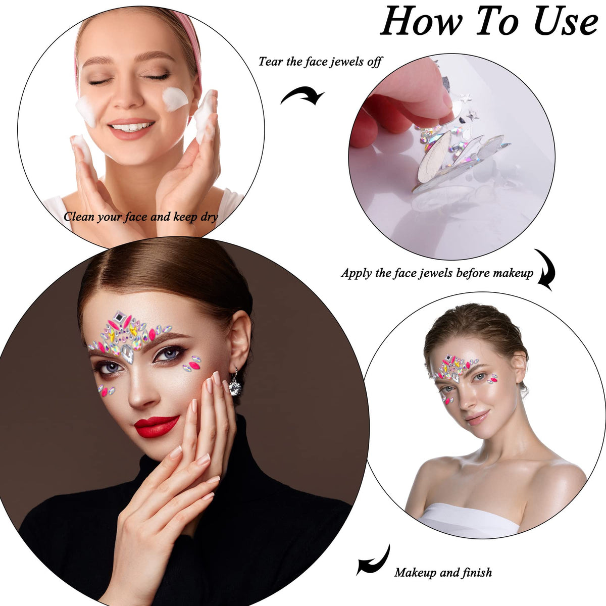 SIQUK face jewels are removable and reusable with glue for flexible styling.