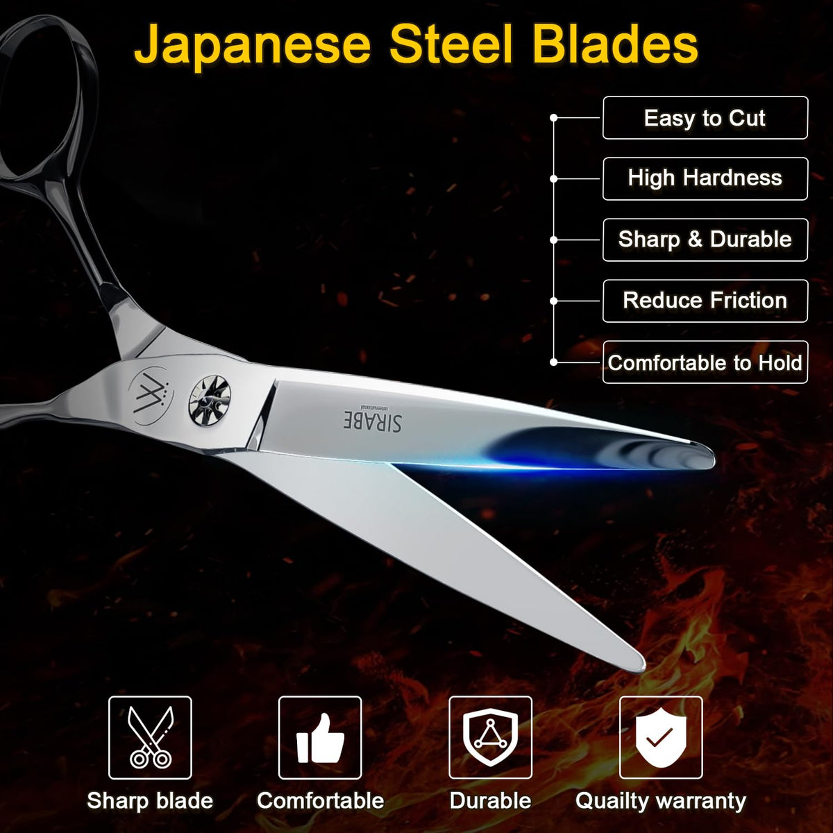 Sirabe barber scissors showing precision grinding technology for smooth performance.