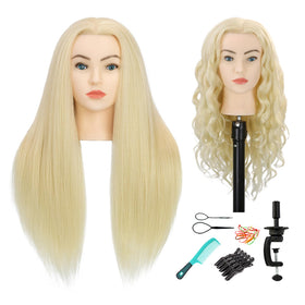 Sirydtm 28-inch mannequin head front view with light blonde hair, ideal for practice