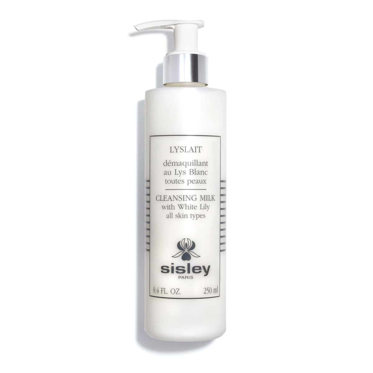 Sisley Paris Lyslait bottle close-up showing creamy cleanser for gentle makeup removal.