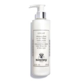 Sisley Paris Lyslait bottle close-up showing creamy cleanser for gentle makeup removal.