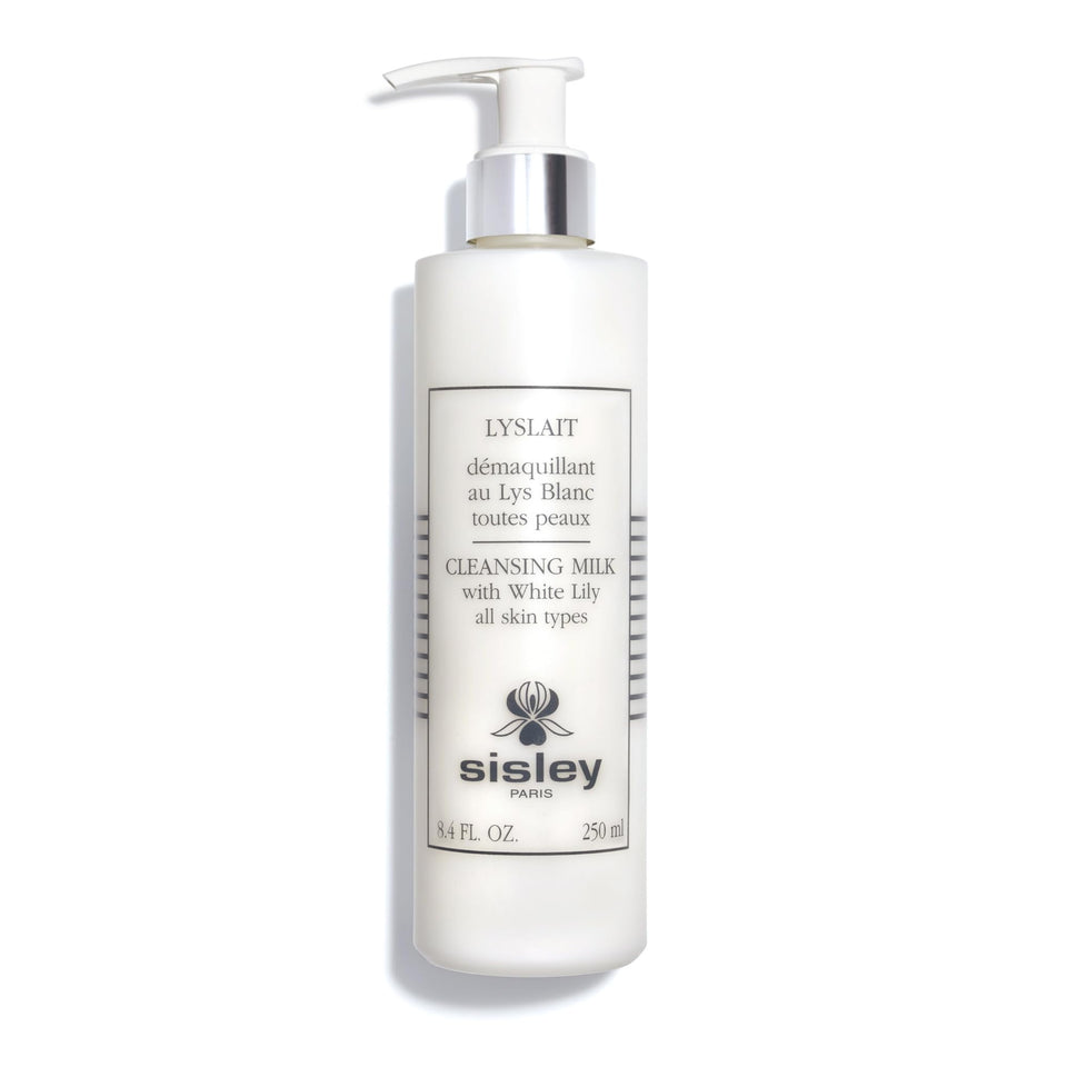 Sisley Paris Lyslait bottle close-up showing creamy cleanser for gentle makeup removal.