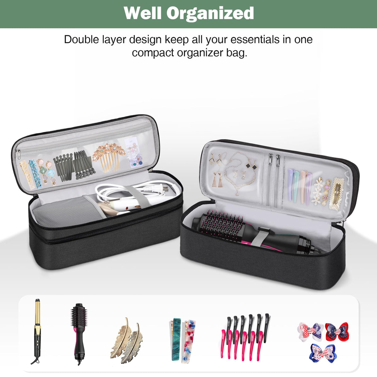 SITHON top layer pocket with elastic bands keeps brushes and pins secure.