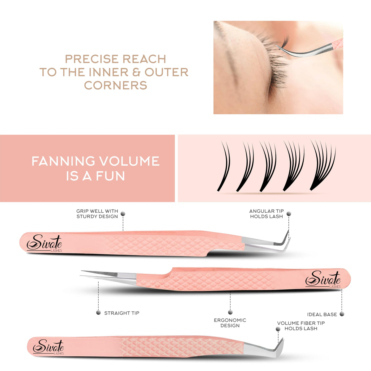 SIVOTE lash tweezers with fiber tip for precise lash control.