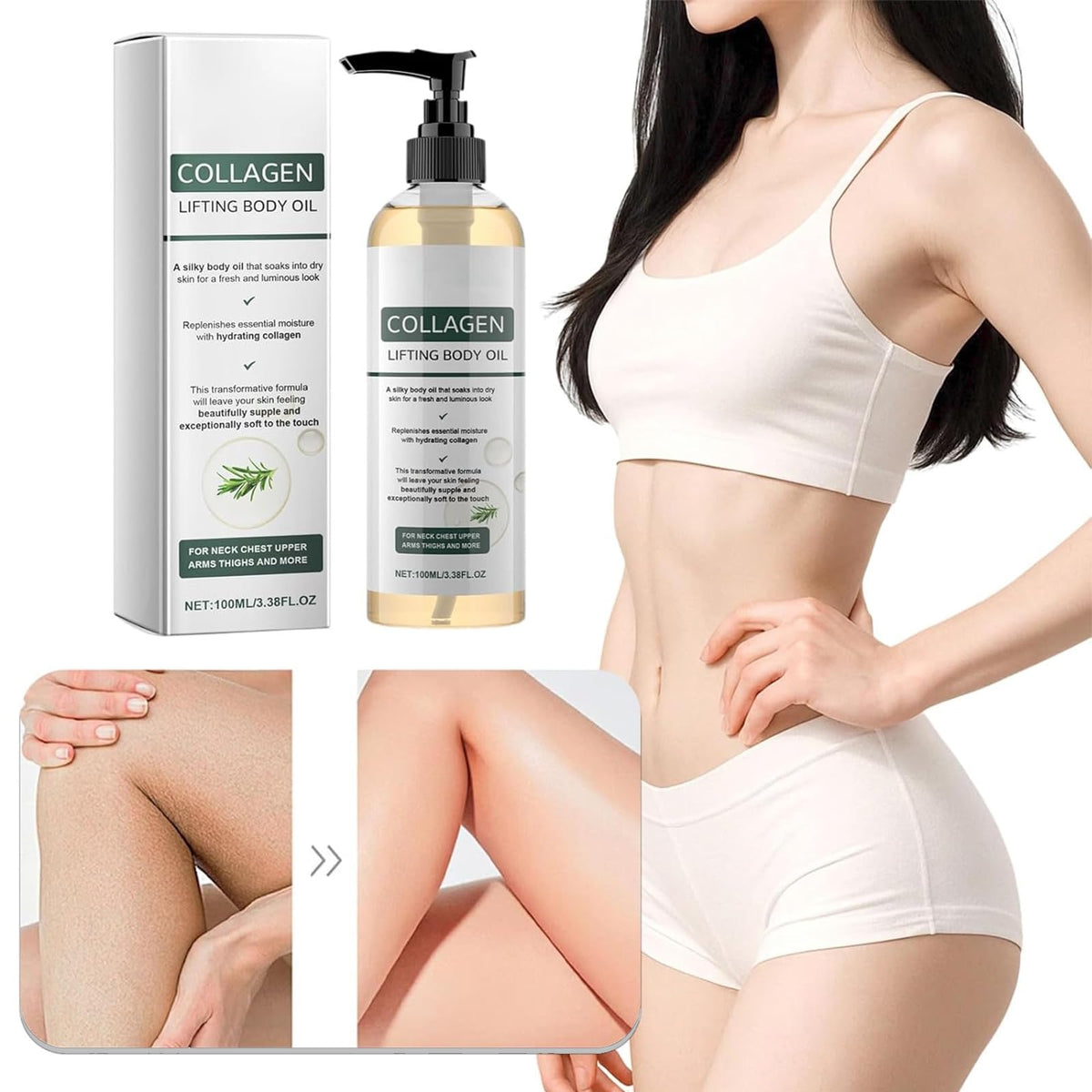 SixCLA Collagen Oil being applied to the skin for smooth absorption.