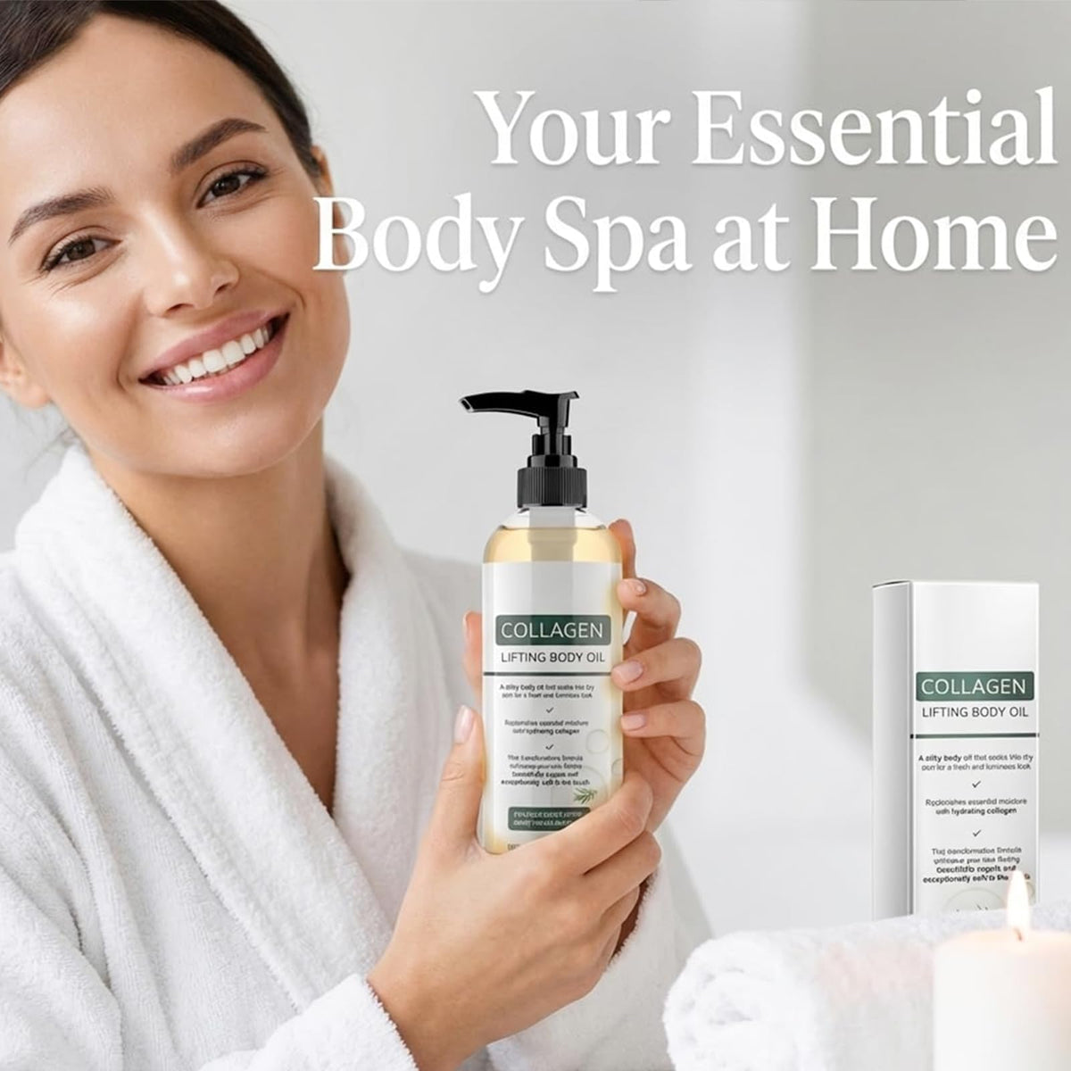 SixCLA Collagen Oil in a bathroom setup for daily self-care.