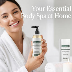 SixCLA Collagen Oil in a bathroom setup for daily self-care.