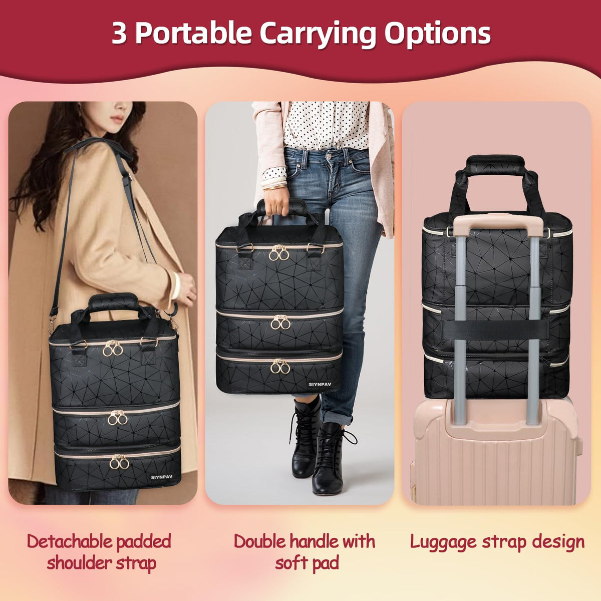 Detachable shoulder strap offers flexible carry for travel.