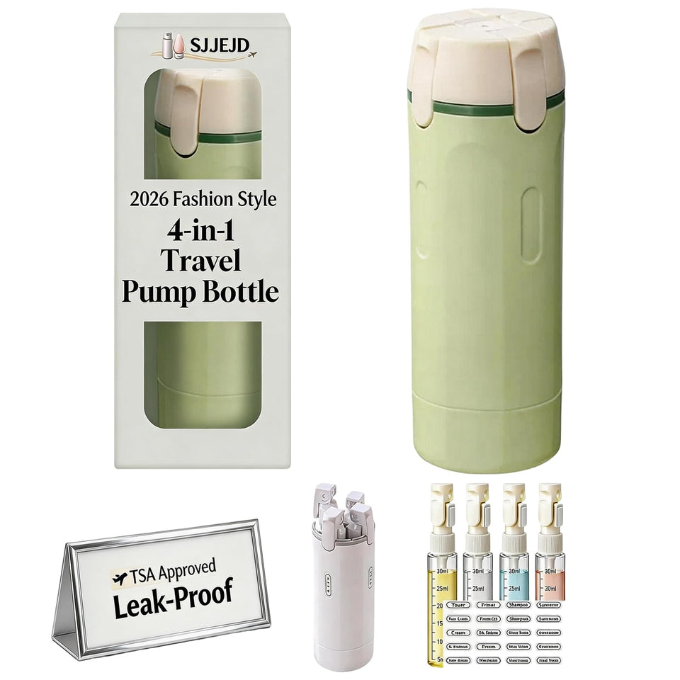 SJIJEJD 4-in-1 travel dispenser rotates for compact, all-in-one packing.