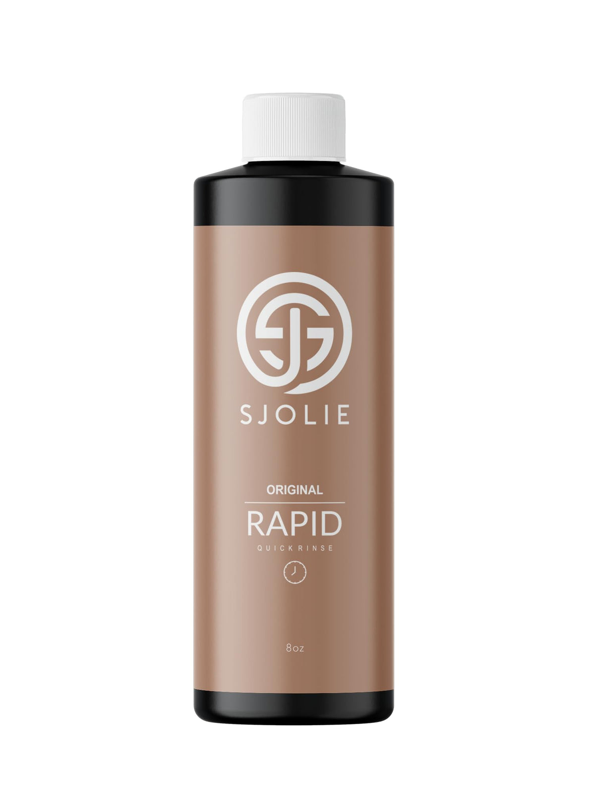 SJOLIE Sunless Rapid Spray Tan olive base 8oz bottle shows quick-dry formula for radiant color