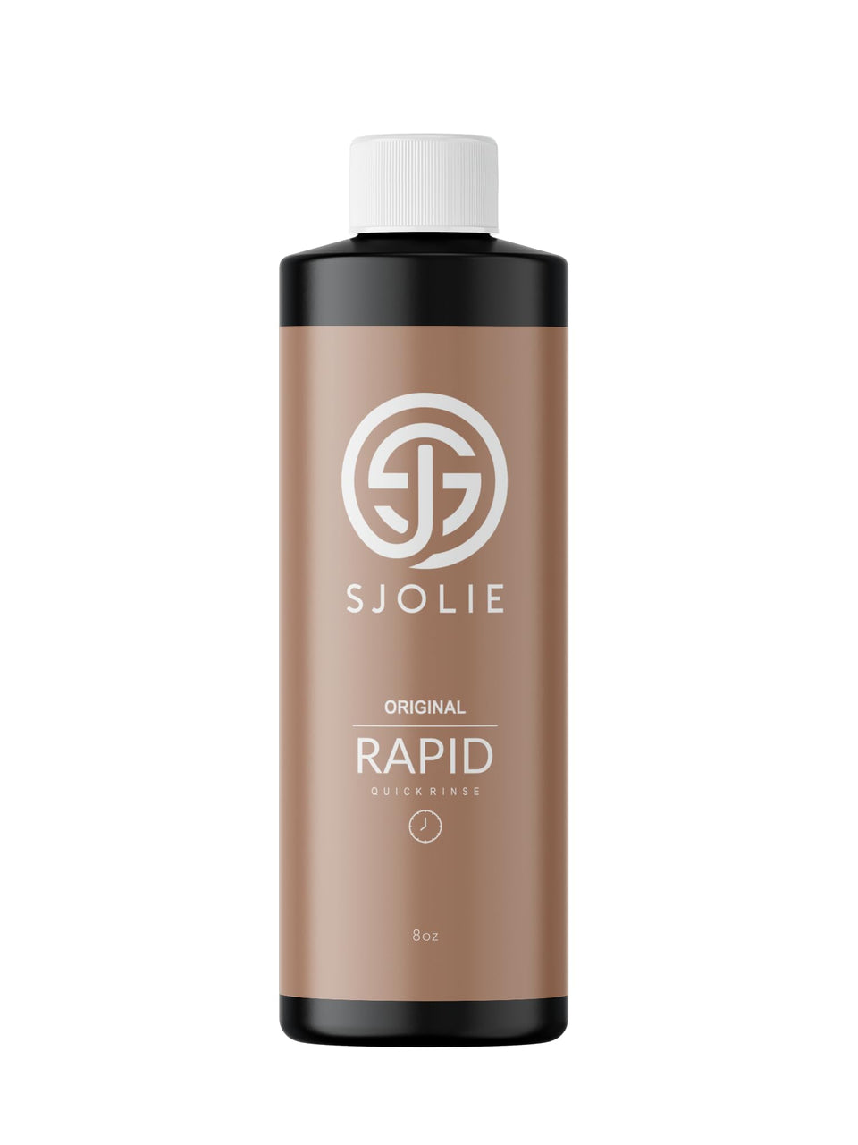 SJOLIE Sunless Rapid Spray Tan olive base 8oz bottle shows quick-dry formula for radiant color