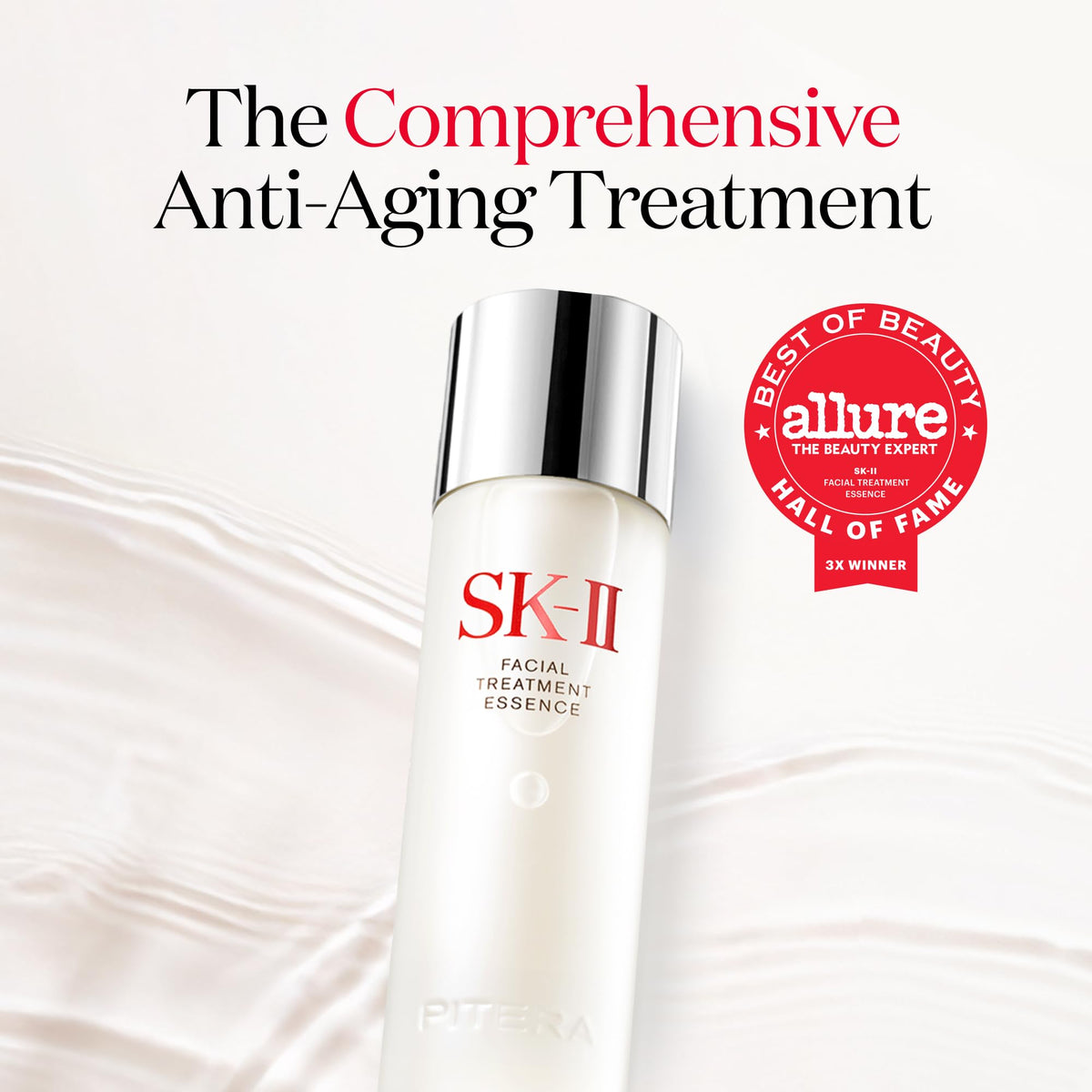 Close-up of SK-II Facial Treatment Essence bottle showing premium packaging.