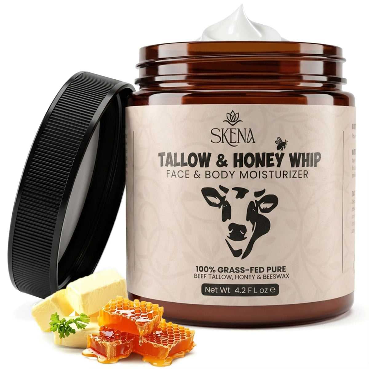 The SKENA grass-fed tallow moisturizer in a jar for deep hydration.