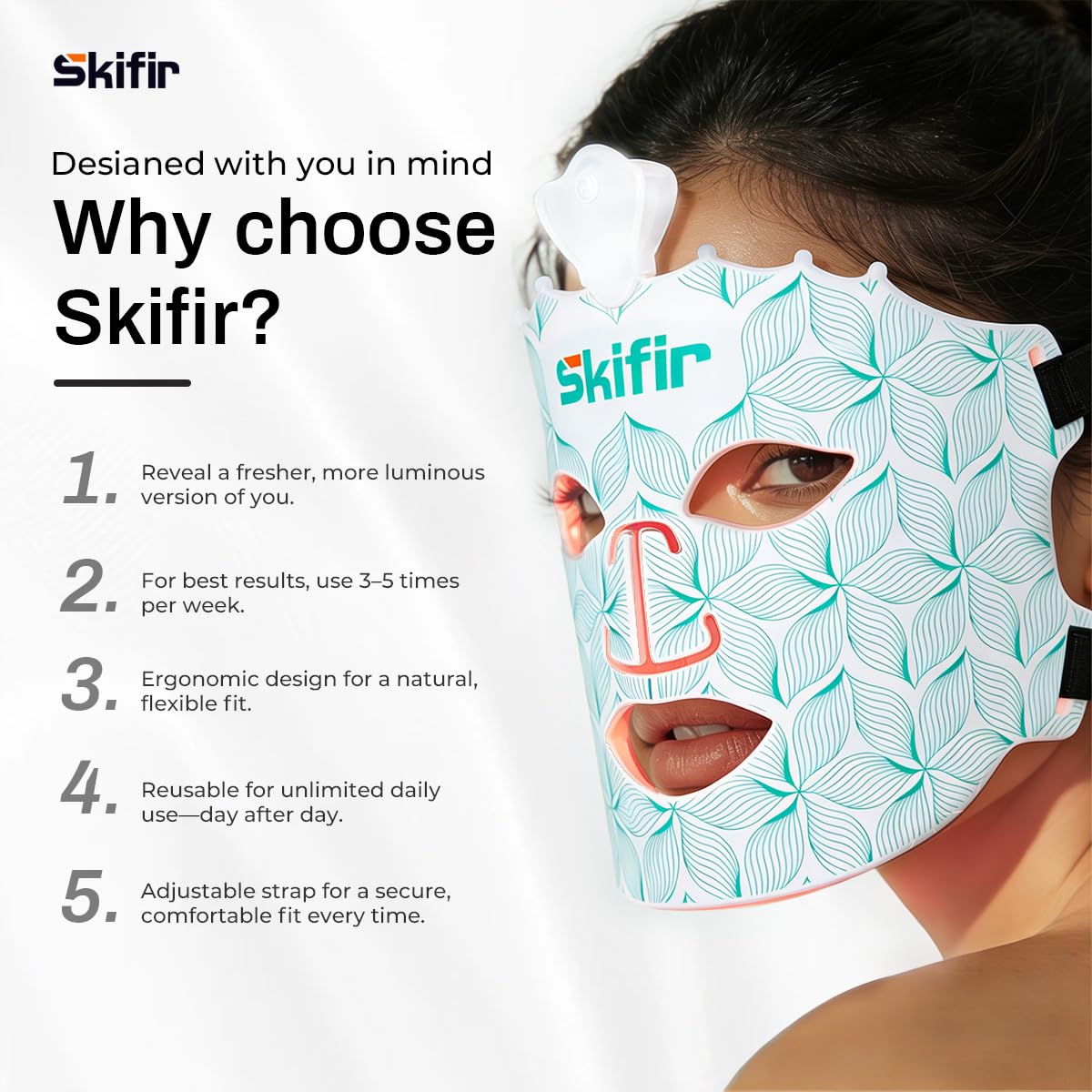 Premium SKIFIR mask complements skincare routines with gentle red light therapy.