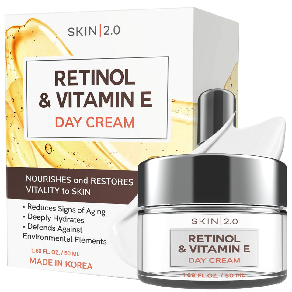 Skin 2.0 retinol and vitamin E moisturizer cream on a clean surface for daily hydration.