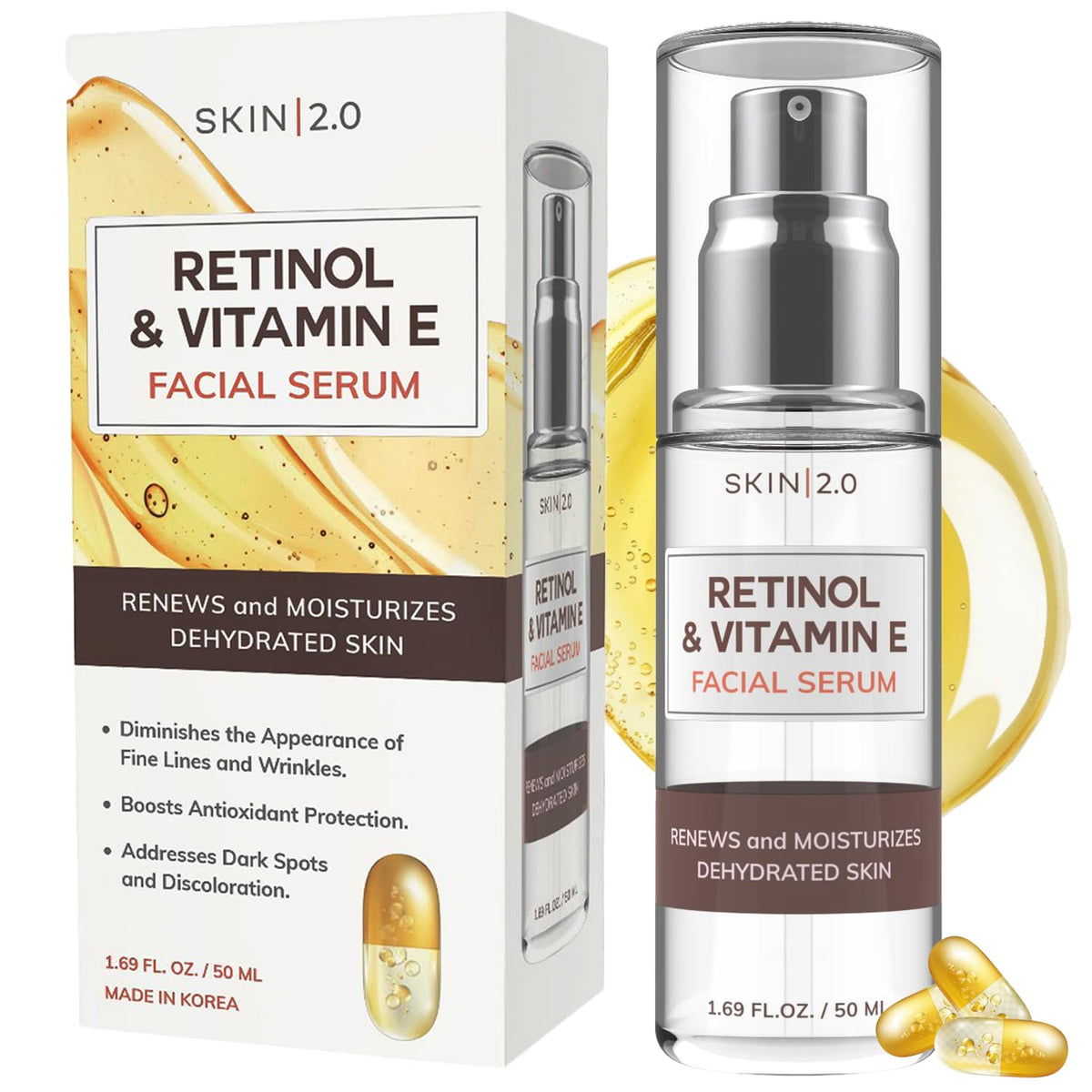 Skin 2.0 retinol vitamin E serum bottle showing anti-aging support for smoother skin