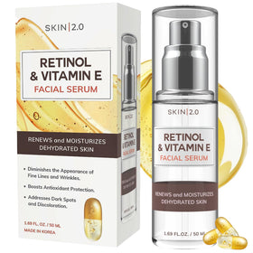 Skin 2.0 retinol vitamin E serum bottle showing anti-aging support for smoother skin