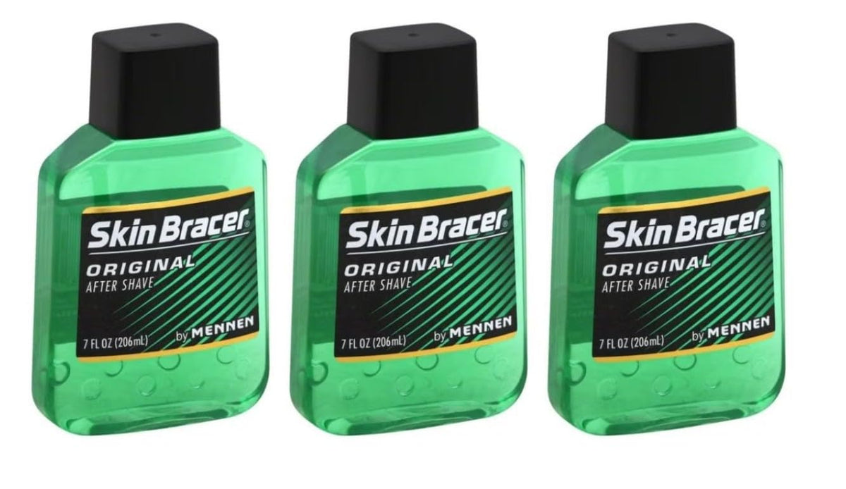 Skin Bracer after shave bottle front shows classic packaging for a refreshing morning